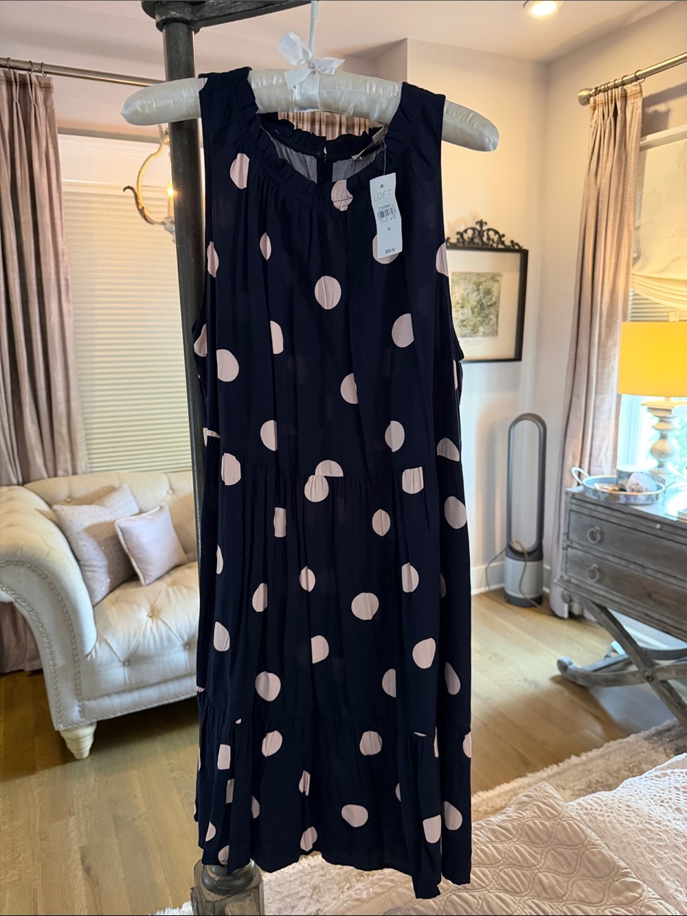 LOFT Navy Dress with Blush Polka Dots